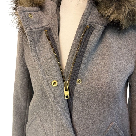 J.Crew Wool Blend Coat with Faux Fur‎ Hood Gray Winter Outerwear Sz Petite 00 - Picture 6 of 11